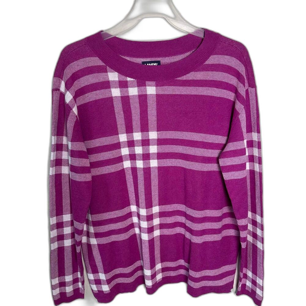 Lands' End Plaid Crewneck Cotton Sweater Magenta Purple Pink Patterned Size M